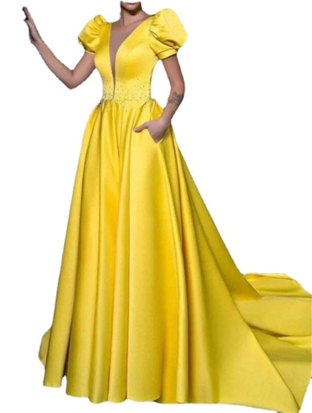 Yellow Women's V-neck Puff Sleeve Prom Dresses 2023 New in Summer Backless Ball Gown Lady Elegant Cocktail Party Evening Dress