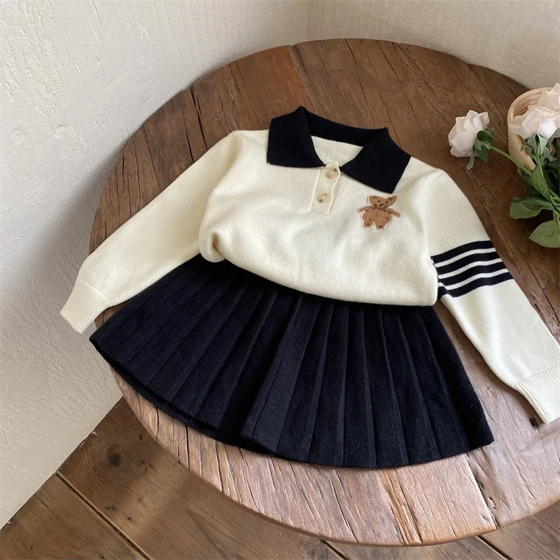 2022 Autumn Toddler Girls Cartoon Bear Sweater + Skirt 2 Pcs Set Spring Baby Girls Brand Pullovers Kids College Style Clothes