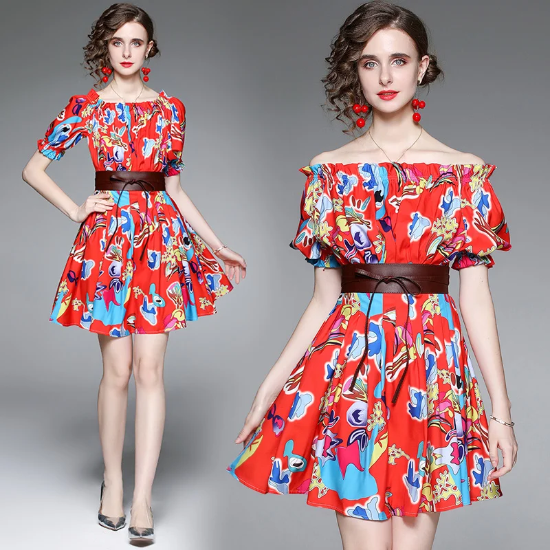 

Women's Summer New Style High-end Temperament Straight Neck Short Sleeve Fashion Loose Print Catwalk Beach Dress with Belt