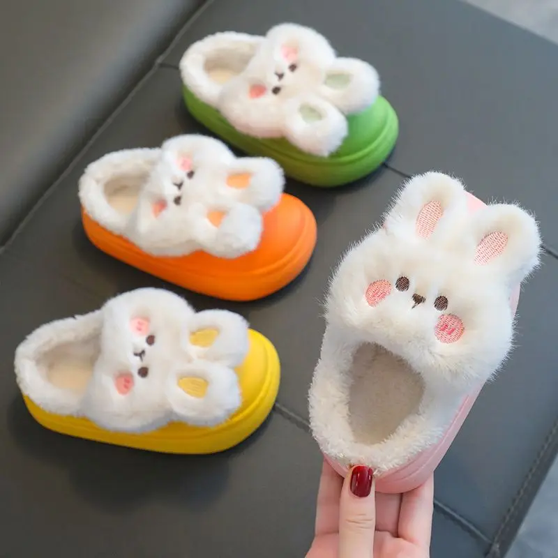 Original Brand Slippers Kids Rabbit Furry Clogs Babi Winter Fluffy Home Shoes Boot Children Girls Boys Bunny Mules Slippers New