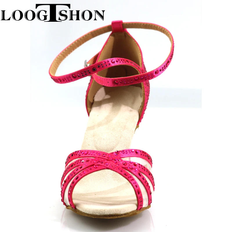 Loogtshon  Dance shoes 5 strips cross pattern red satin and red crystal rhinestones heel 7.5cm Suitable for all types of dance