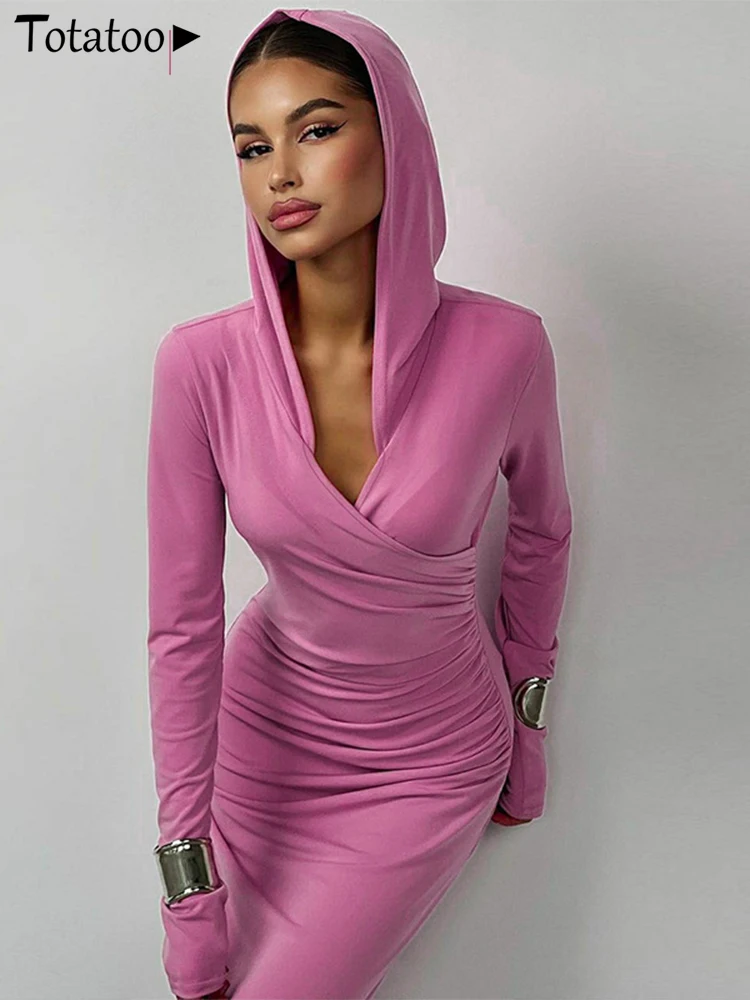 

Totatoop Women's Hoodie Maxi Dress 2023 Autumn Winter Long Sleeve Ruched Bandage Long Dress Vintage Party Robe Pink