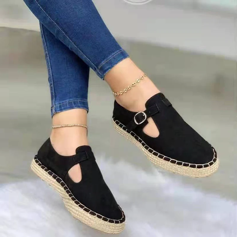 

Женские повседневные туфли на платформе, Удобные однотонные туфли с металлической пряжкой и подошвой из пеньковой веревки, размер 43, для ве...
