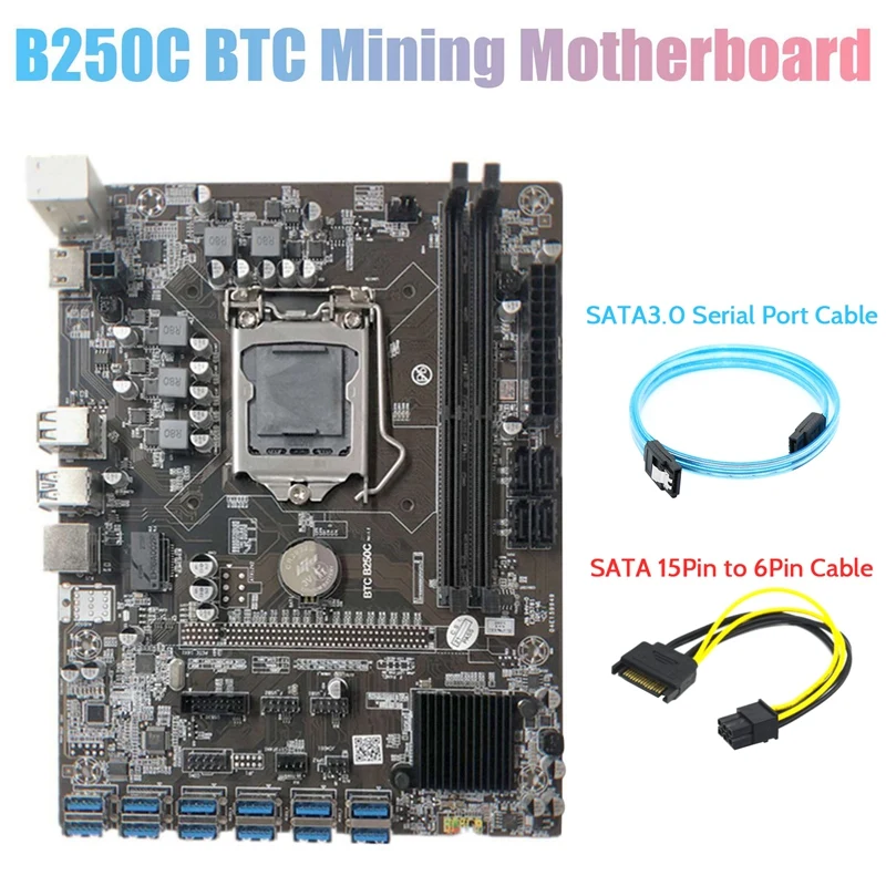 

Материнская плата B250C для майнинга + кабель с последовательным портом SATA3.0 + кабель SATA 15Pin-6Pin 12 PCIE на USB3.0 слот GPU LGA1151 DDR4