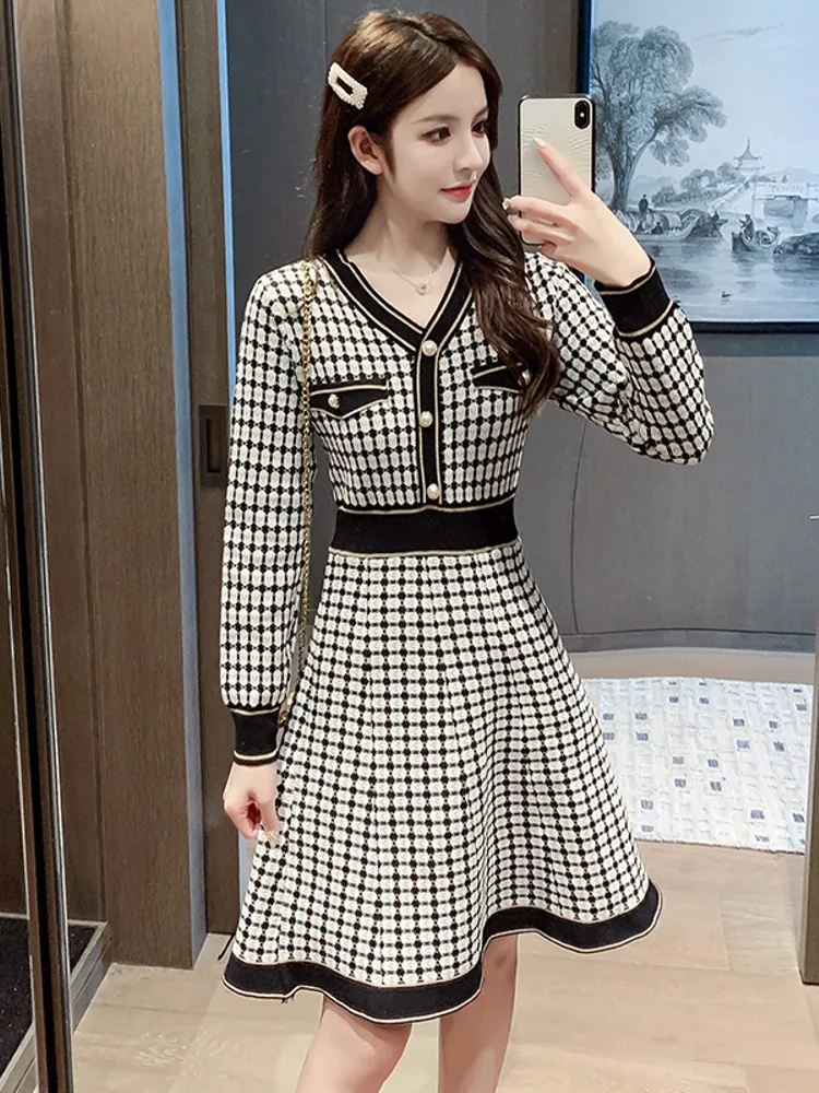 

Женское трикотажное платье-свитер, подиумное элегантное клетчатое мини-платье с высокой талией и длинным рукавом, Осень-зима