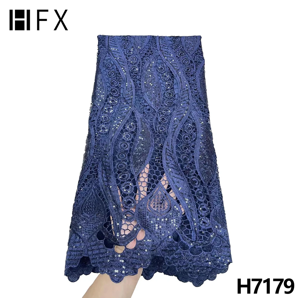 

HFX темно-синие Африканские кружева с блестками 2022 высококачественные металлические водорастворимые кружева вышивка гипюр хлопчатобумажная кружевная ткань F7179