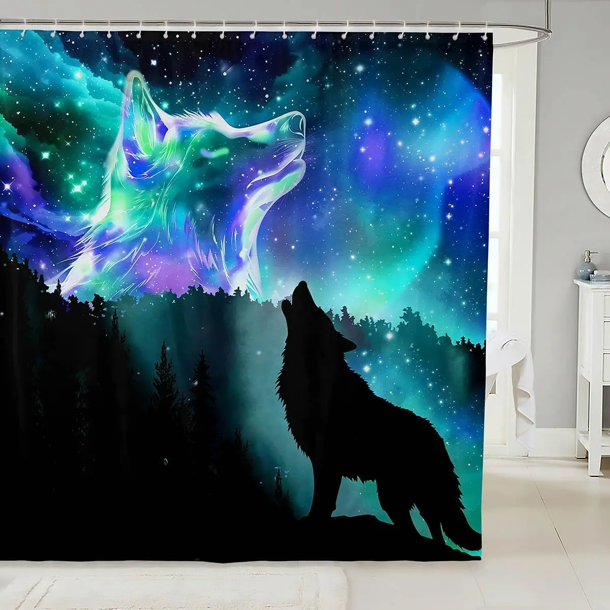 Фото Набор занавесок для душа Howling Wolf, занавеска для душа Galaxy Wolf, занавеска для душа Northern Light для детей, мальчиков и девочек, звездное небо №1