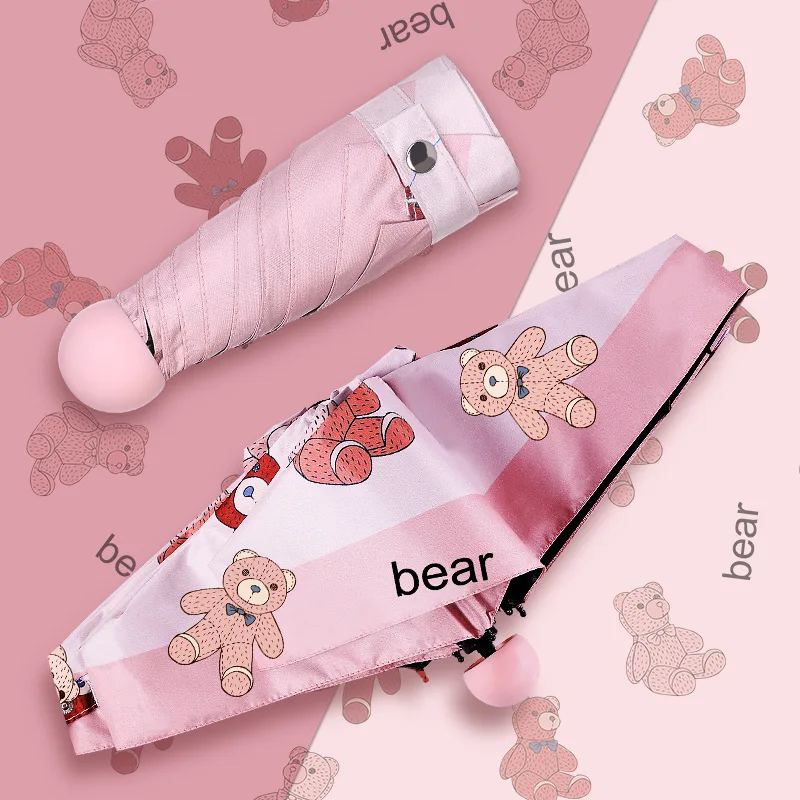 

Зонт женский складной с 8 косточками, зонтик от солнца и дождя в 3 сложениях, с красивым розовым медведем и черным клеем, для защиты детей