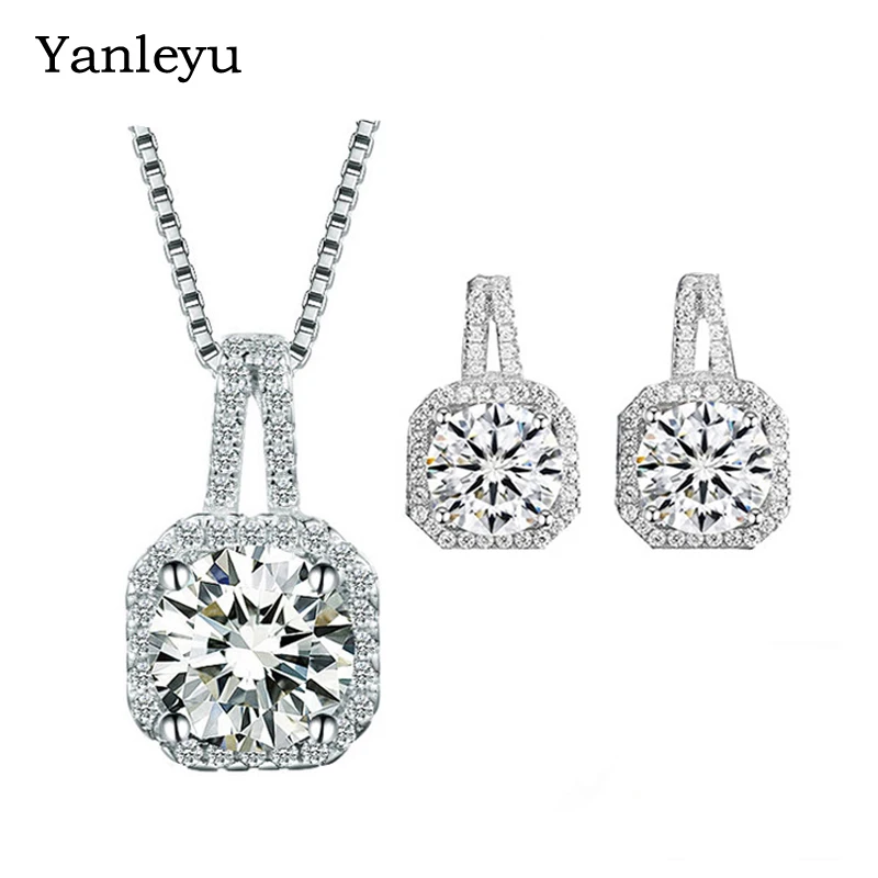 

Yanleyu Solid 925 Sterling Silver Wedding Jewelry Sets for Women Princess Cubic Zircon Pendant Necklace Stud Earrings Sets PS001