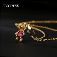 flscdyed lovely gold color bear pendant necklace for women whitegreenpinkredblue oval zircon crystal charm womens jewelry