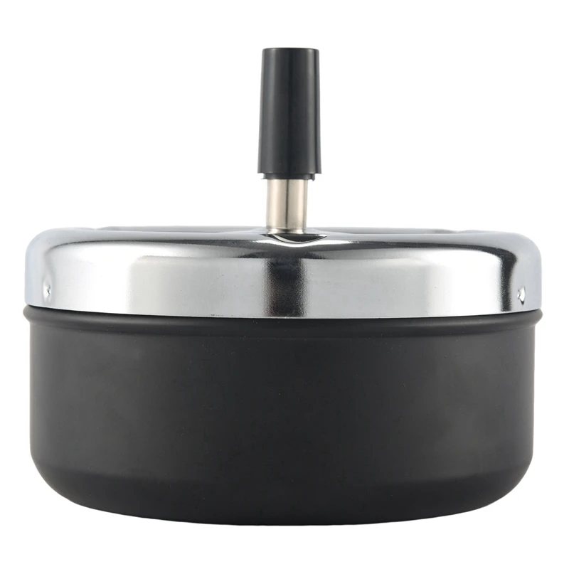 

3X Round Push Down Cigarette Ashtray With Spinning Tray, Black