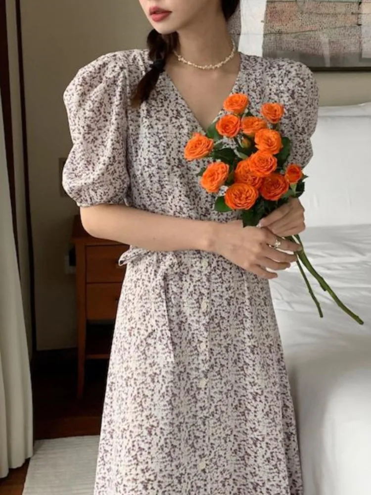 

Spring New Women French Elegant Printed Dress Ladies Casual Vintage Short Sleeve A-line Clothes Female Midi Dress