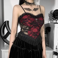 helisopus goth sexy lace bodycon crop tops womens y2k aesthetic black red corset tank top summer party club backless camis