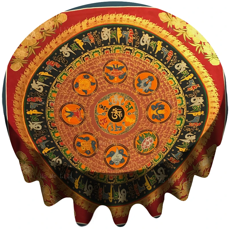 

Thangka Buddhist Om The City Of Eight Auspicious Altars Ashtamangala Mandala Round Tablecloth By Ho Me Lili For Tabletop Decor