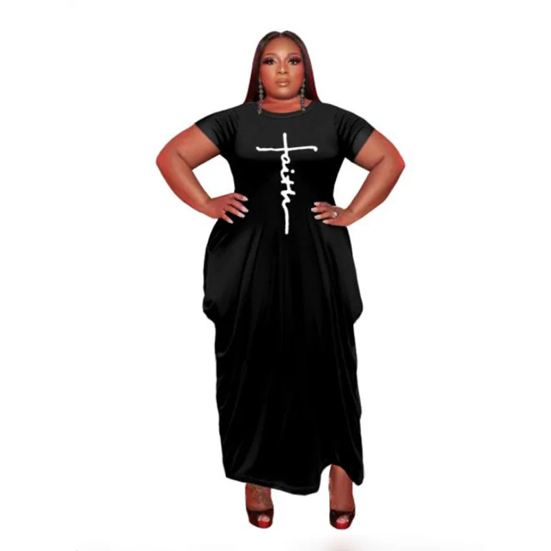 

Summer Fashion O Neck Letter Pattern Print Women's Maxi Dress Casual Loose Solid Short Sleeve Ladies Irregular Ruched Long Dress