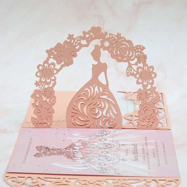 Cinderella Carriage Pop up Style Laser Cut pink 3D Quinceanera Invitations