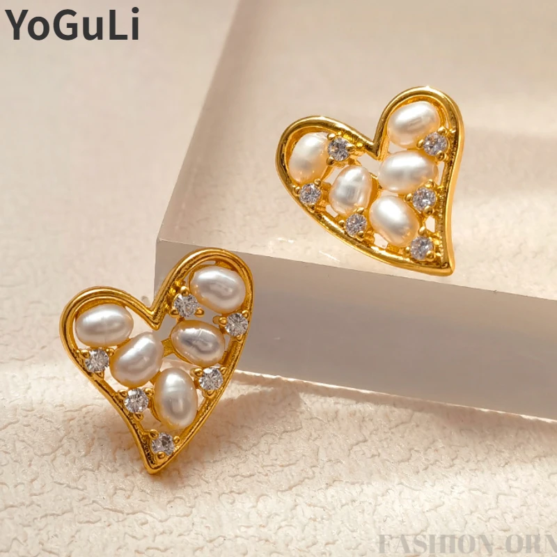 

Trendy Jewelry 925 Silver Needle Sweet Korean Temperament Natural Pearl Heart Earrings For Women Girl Gift Hot Sale Accessories
