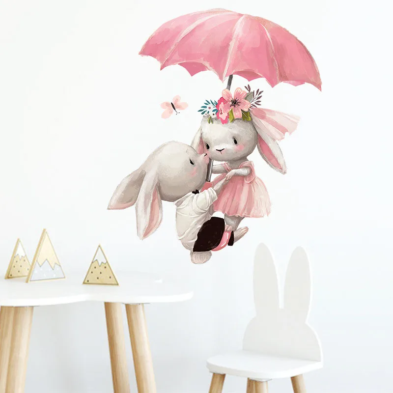 

Cute Umbrella Rabbit Bunny Wall Stickers For Children Bedroom Kids Room Wall Decor Vinyl PVC Decals Home Decor Removable Sticker