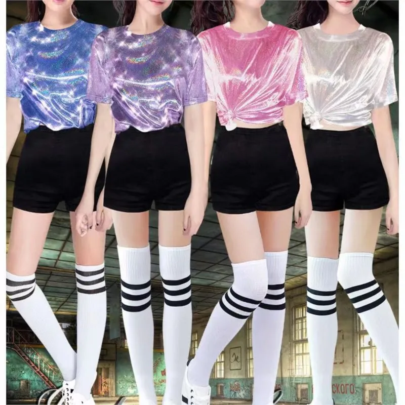 

Glitter Women's T-shirt Laser Short-sleeved Flash Shining Reflective 2022 Summer New Korean Student Party Hip Hop Loose Tees Top