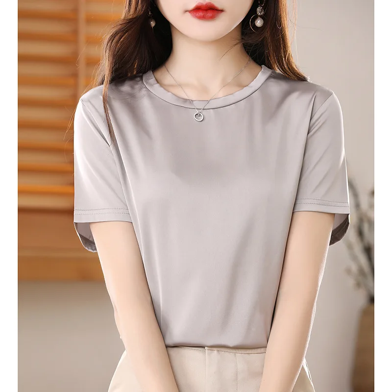 

Silk T-shirt Women's Short Sleeve Thin Summer 2023 New Casual Acetate Satin Loose Solid Color Round Neck Top