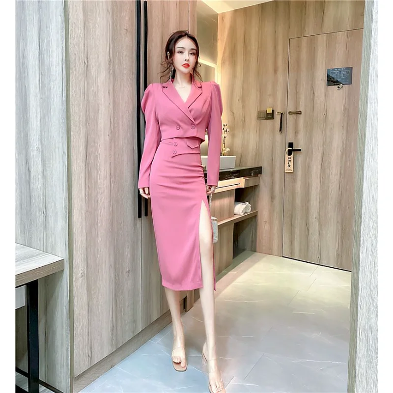 

Осень-зима 2022, новый комплект из 2 предметов UNXX, однотонное двубортное короткое пальто + модная юбка-карандаш средней длины, Повседневный Женский костюм с юбкой