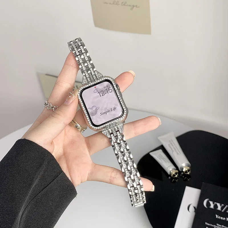 

Браслет металлический с бриллиантами для Apple Watch, женский браслет для iWatch Series 7 6 5 4 3 2 SE, 45 мм 41 мм 44 мм 42 мм 40 мм 38 мм