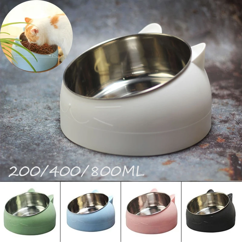 

Cat Dog Bowl 15 Degrees Tilted Safeguard Neck Puppy Cats Feeder Non-slip Stainless Steel Crashworthiness Dish for Cat Pet Bowls