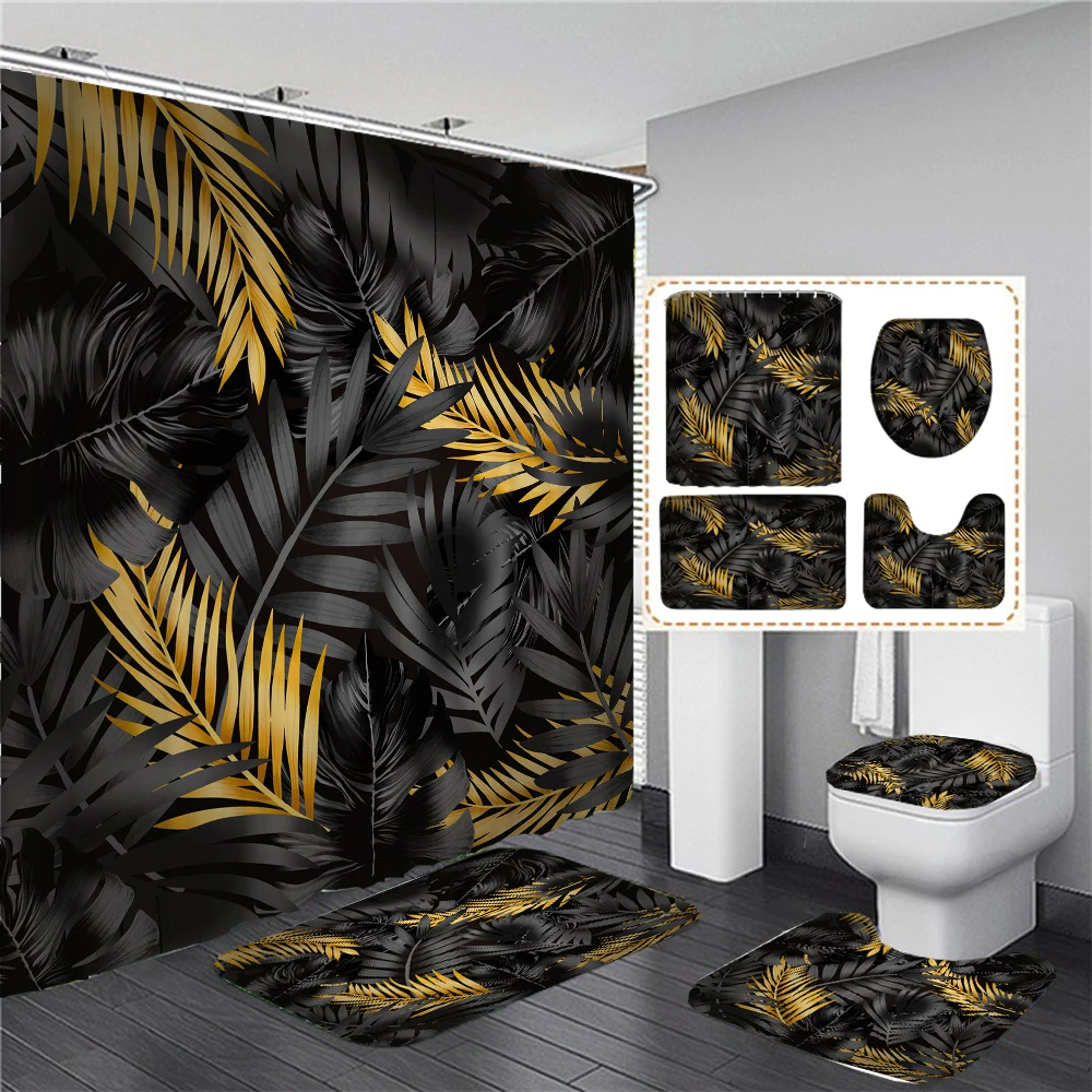 

Black and Gold Tropical Plant Palm Leaf Bathroom Shower Curtain Set for Bathtub Exotic Leaves Bath Mats Rugs Toilet Home Decor