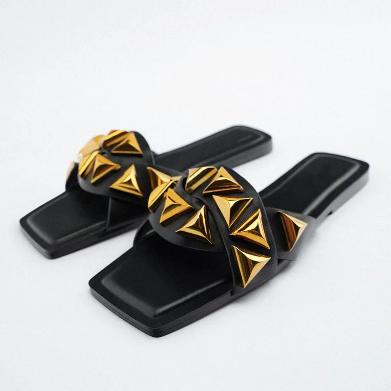 

Женские пляжные шлепанцы ZA, черные сандалии с заклепками, на плоской подошве, повседневная обувь для улицы, лето 2022