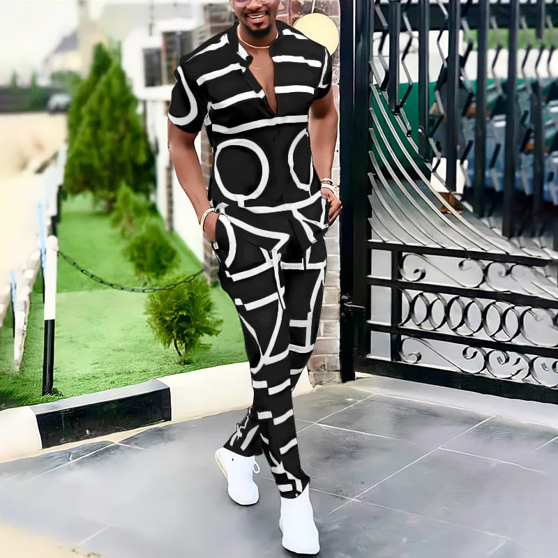 

2022 Fashion Spring SummerMen's Casual Suit Pattern Print Outfit Men Streetwear Short Sleeve Tops And Long Pants Two Piece Sets