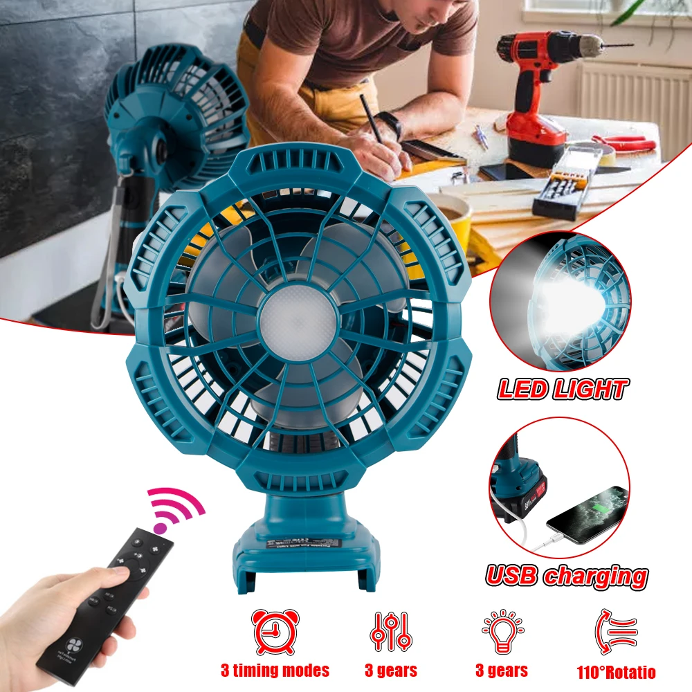 

3 Gear Portable Multifunction Fan Light Cordless Jobsite Fan with Remote Control USB Output Power Bank For Makita 18V Battery