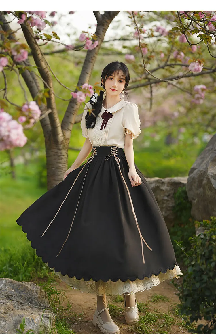

Cottage Mori Girl Style Woman Outfits Cute Bow Peter Pan Collar Shirt Tops & Bandage Lace Elastic Skirt Vintage 2 Piece Sets