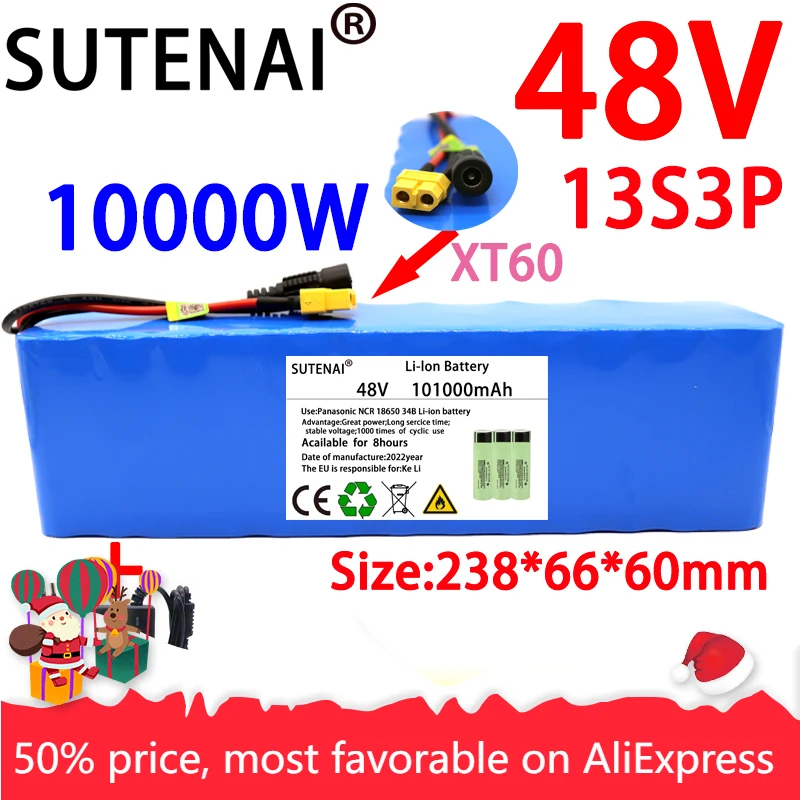 

New 48V 100000mAh 1000w 13S3P XT60 48V Lithium ion Battery Pack 100Ah For 54.6v E-bike Electric bicycle Scooter with BMS+charger