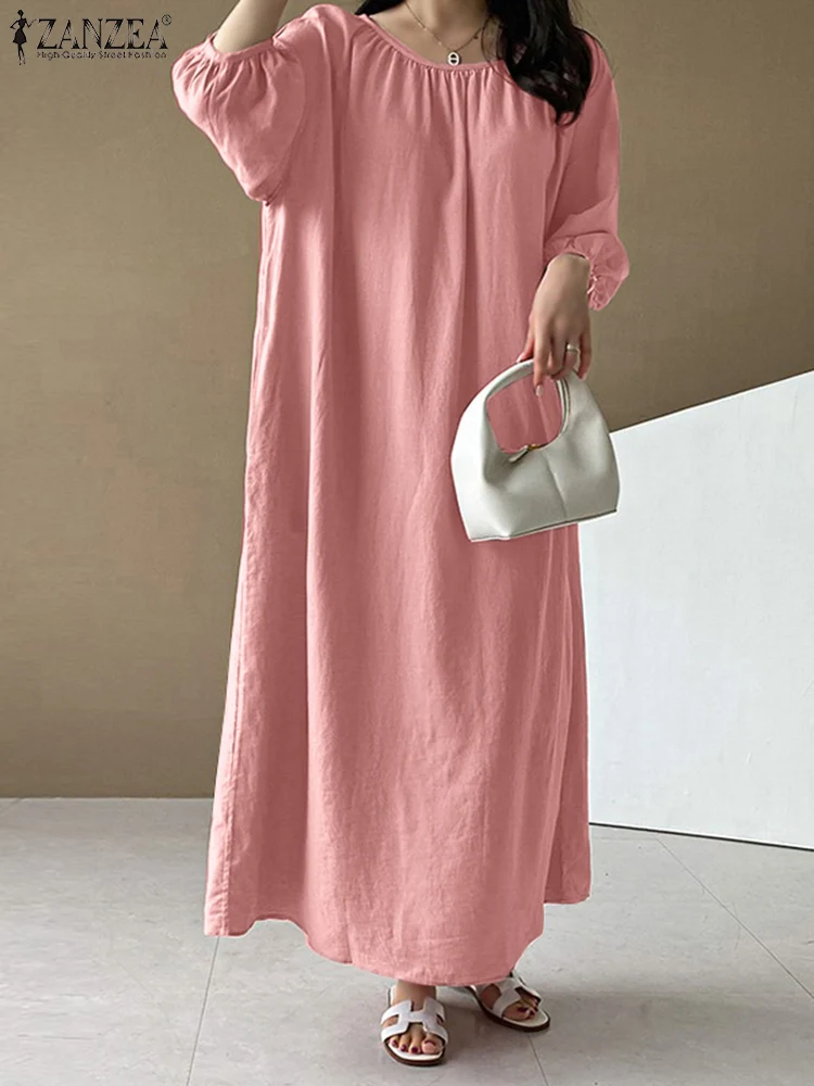 

2022 Summer Beach Baggy Dress ZANZEA Fashion Solid O Neck Robe Women's Cotton Puff Sleeve Sundress Casual Chic Long Maxi Dresses