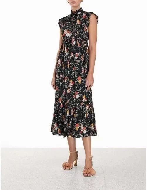 

Женское платье без рукавов, черное платье с цветочным принтом и оборками на плечах, 2023