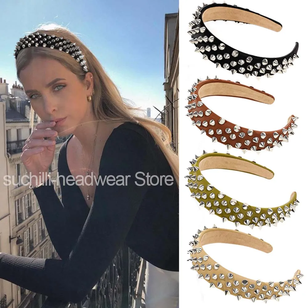 

2023 Fashion Hair Hoop Hair Bands for Women Girls Rivet Solid Color Headbands Vintage PU Leather Hairband Hair Accessories