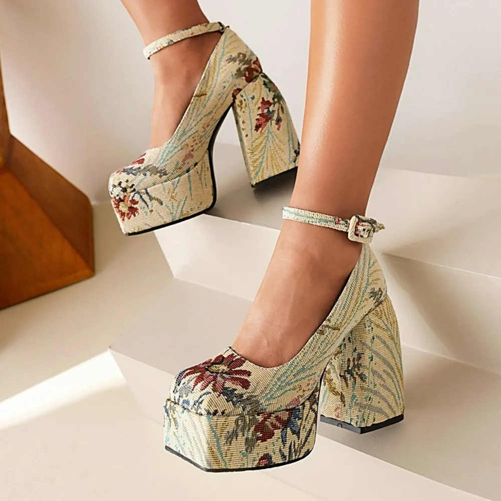 

Womens Square Toe Printed Platform Hoof High Heel Oxfords Sandals Shoes Retro Mixed Colors Plus Size Bling New 20222022