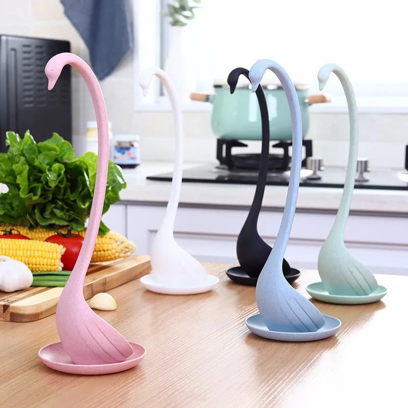 

5 Colors Creative Swan Shaped Soup Spoon Eco Friendly Wheat Straw Plastic Long Handle Tableware Dinnerware Kitchen Accessories