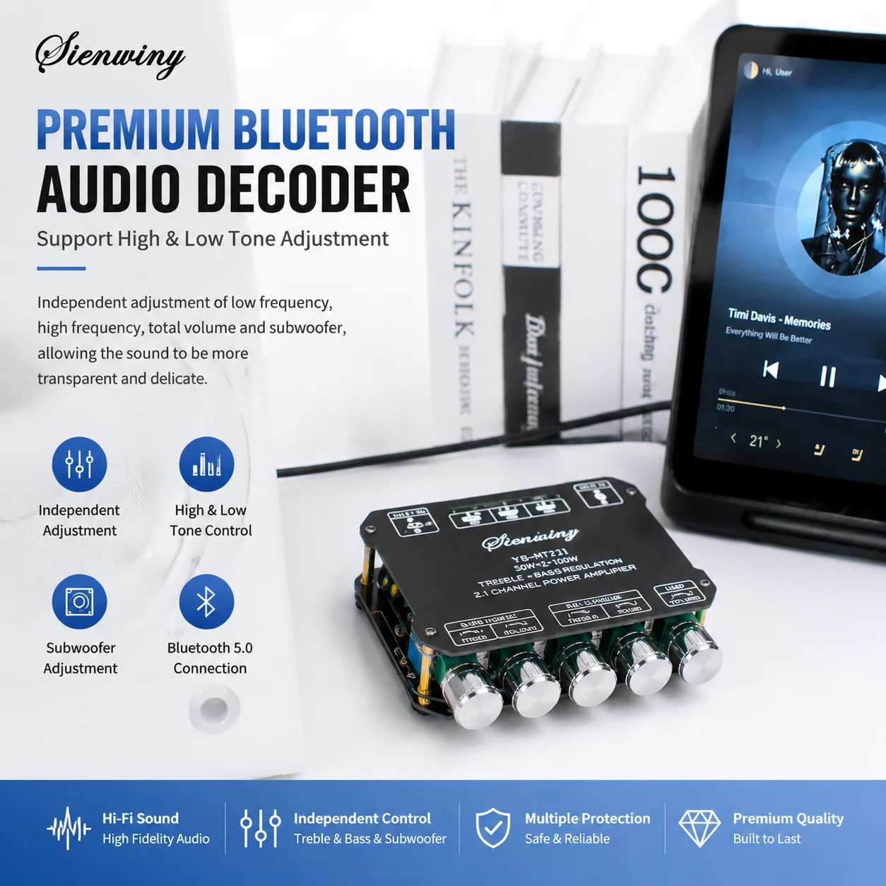 Фото Плата усилителя Bluetooth YS-MT21 2.1-канальная, 200 Вт, Hi-Fi стерео, AUX, регулировка басов и высоких частот, усилитель мощности для сабвуфера, DC 12-24В, Bluetooth 5.1 №3