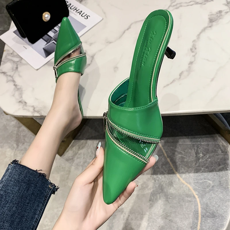 

Summer Women Pointed Toe High Heels ZIP Slippers Thick Sandals 2022 New Designer Sexy Pumps Ladies Shoes Dress Slides Flip Flops