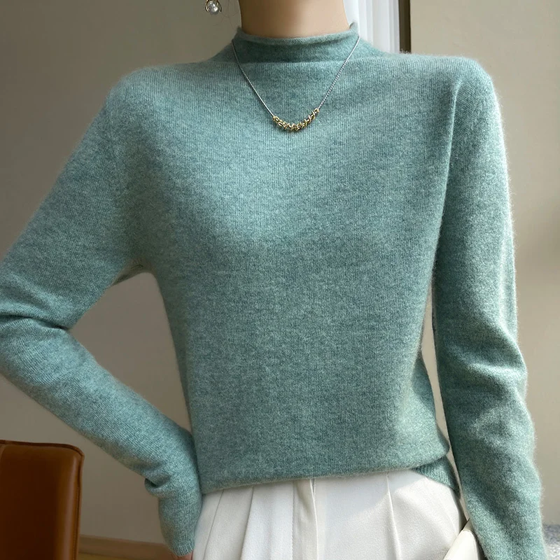 

Autumn and High Collar Pure Cashmere Shirt Women Pullover Round Knitted Long Warm Keeping Top Solid Color Slim Fit Sweater
