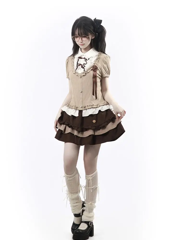 Фото Комплект из 2 предметов в стиле Sweet Lolita Kawaii: женская юбка-тортик с пышными рукавами, бантом, высокой талией и оборками, японская повседневная мода №3