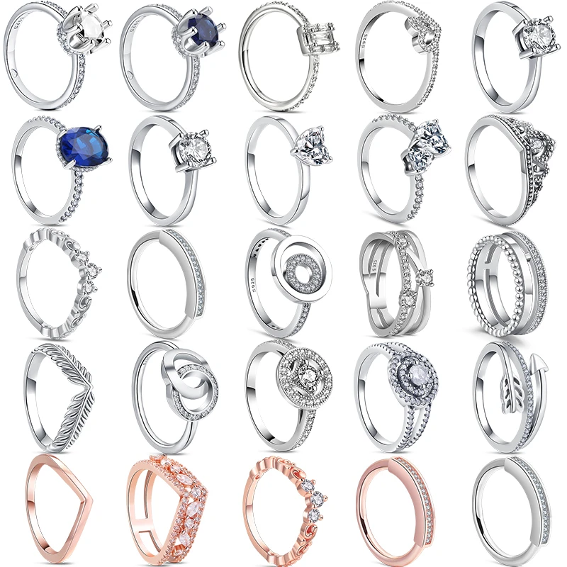 

2022 New 925 Sterling Silver Crown Rose Feather Sparkling Clear Zircon Pavé Ring For Women Fine Jewelry DIY Valentine's Day Gift