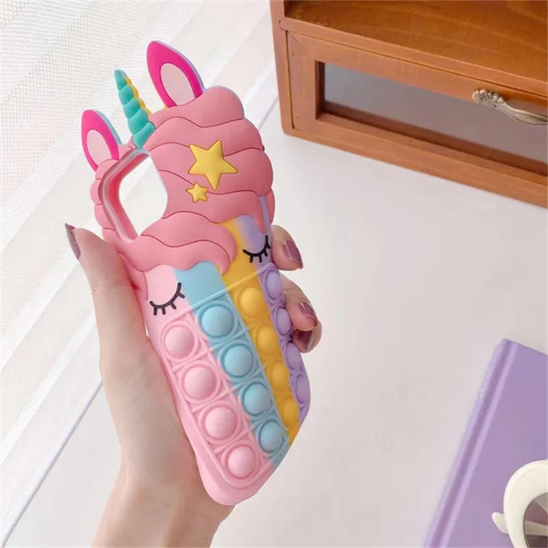 3d cute cartoon unicorn push bubble phone case for redmi 9a 9i 9c 9 note 9t 10 9 8 7 pro xiaomi mi 11 10t lite poco x3 m3 pro f3 free global shipping