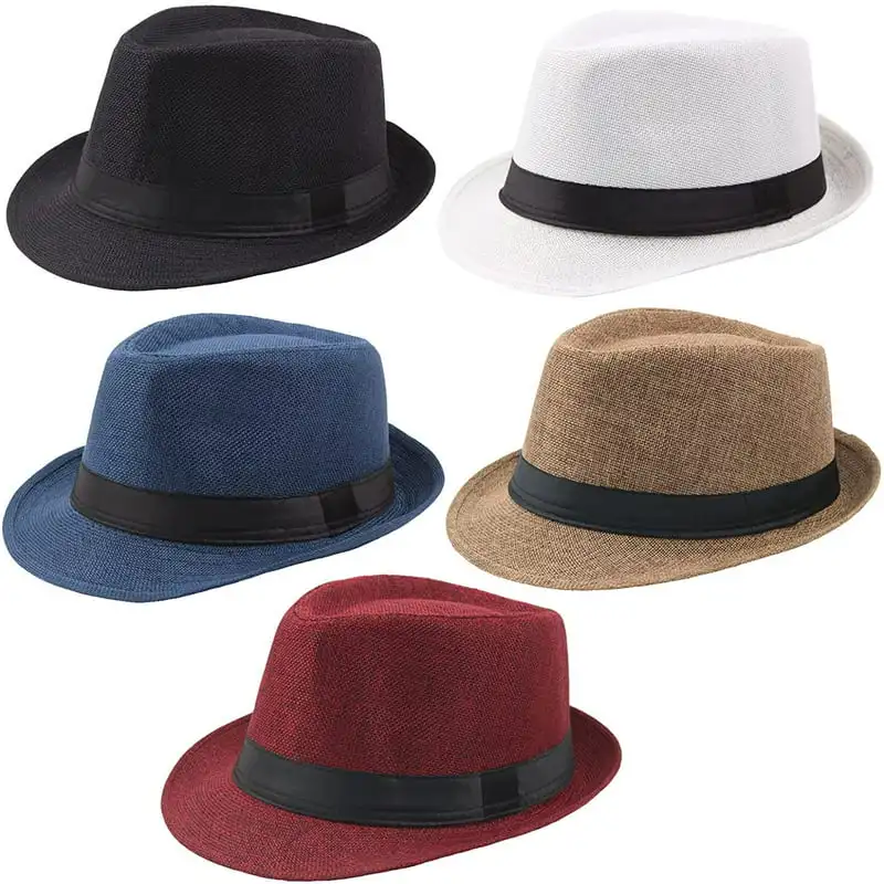 

5 Pack Men Women Fedora Short Brim Classic Summer Beach Sun Hat Panama (Multicolor-1, Medium)