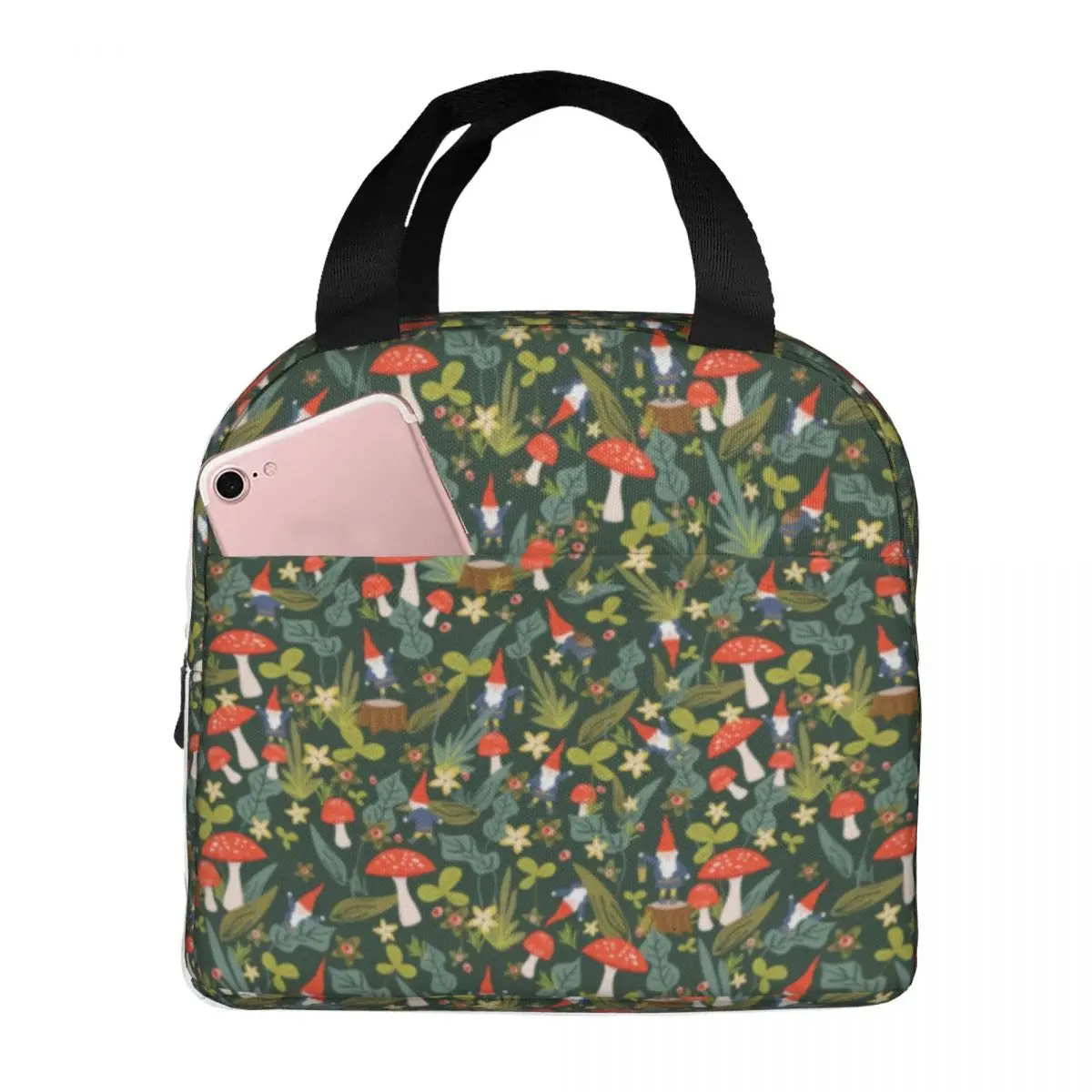 

Magic Mushroom Print Lunch Bag with Handle Woodland Gnomes Carry Cooler Bag Picnic Beautiful Food Thermal Bag