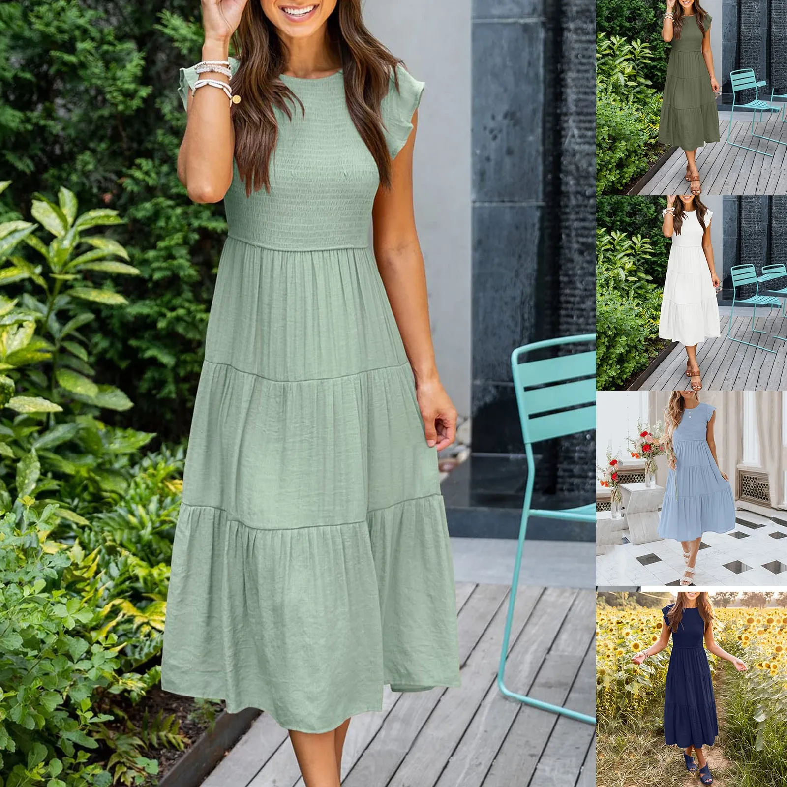 

Женское летнее платье с коротким рукавом, эластичным поясом и круглым вырезом