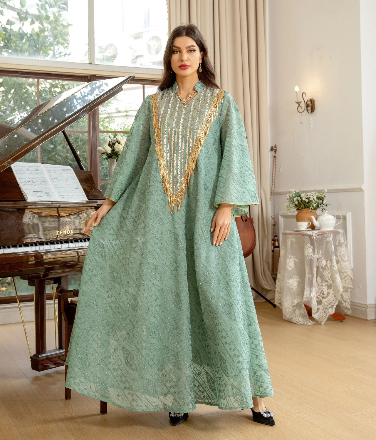 Арабский Дубайский сетчатый Блестящий вечерний халат с вышивкой для женщин Jalabiyat