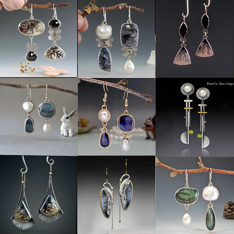 

Vintage Boho Asymmetrical Baroque Pearl Water Drop Earrings Jewelry Dark Blue Pattern Cute Flower Metal Statement Dangle Earring