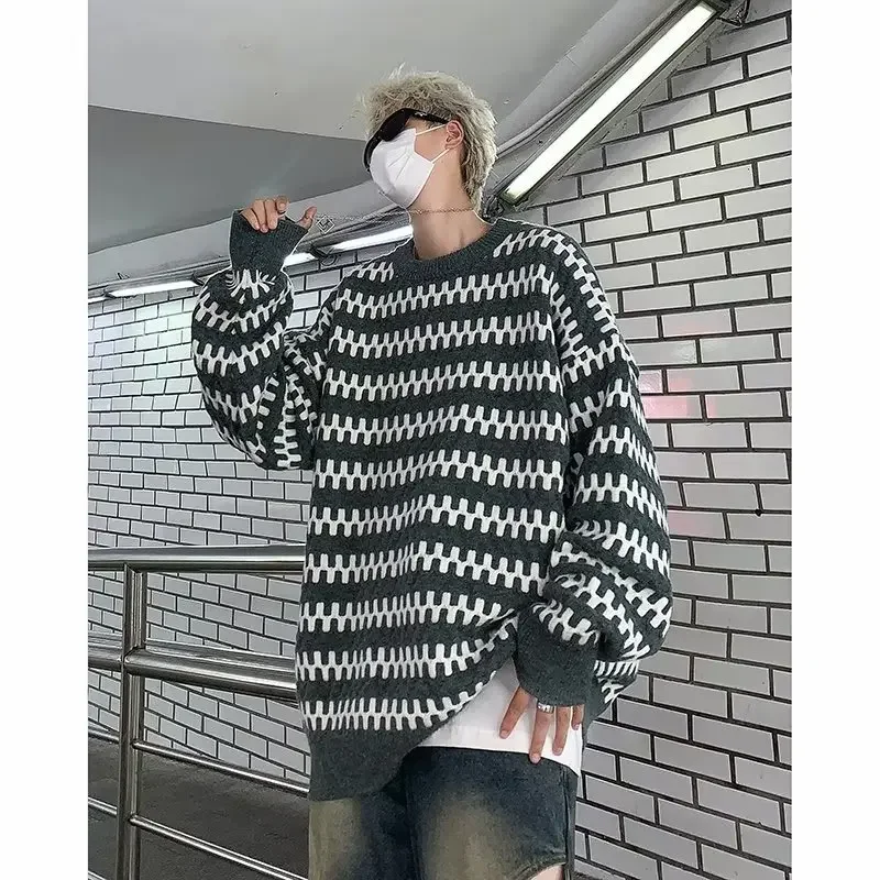 Полосатый свитер мужской повседневный винтажный вязаный топ в японском стиле с